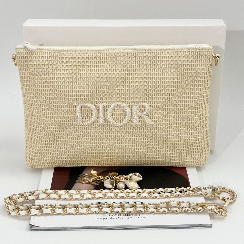 Dior Beige Embroidered Logo Cosmetic Pouch with Gold Chain - Picture 8 of 8